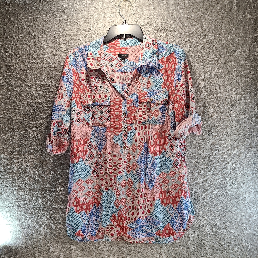 Talbots Women Colorful Blouse Roll Tab Sleeve 1/2 Button Front Rayon Large